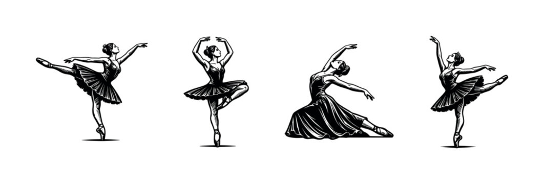 Elegant ballet dancers in various poses, black and white silhouette, vector illustration