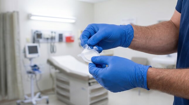 Healthcare professional in blue gloves peeling the backing off a round medical adhesive patch