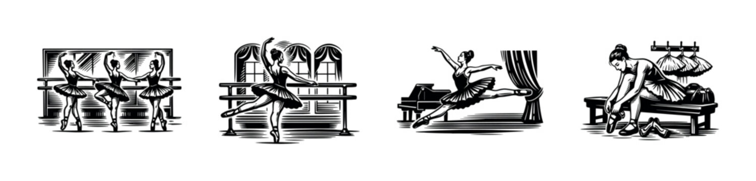 Ballet dancers practicing, black and white vector illustrations of ballet performances, dance scenes