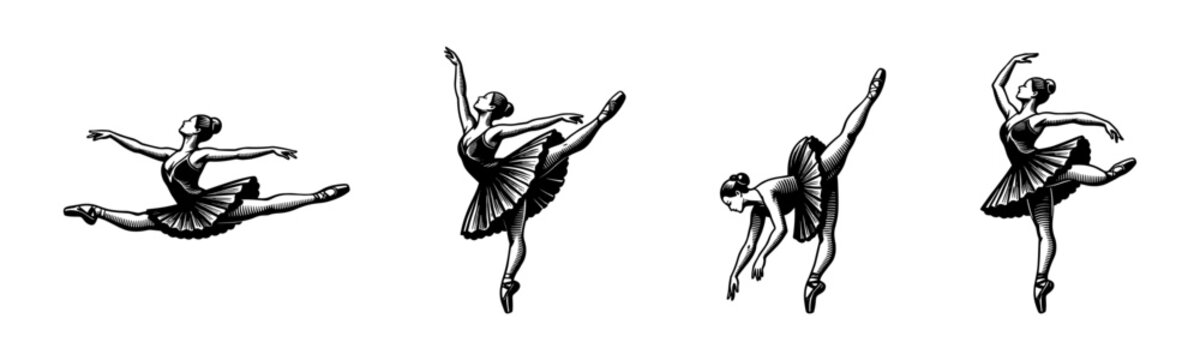 Elegant black and white silhouette ballet dance poses illustration, ballerina vector art