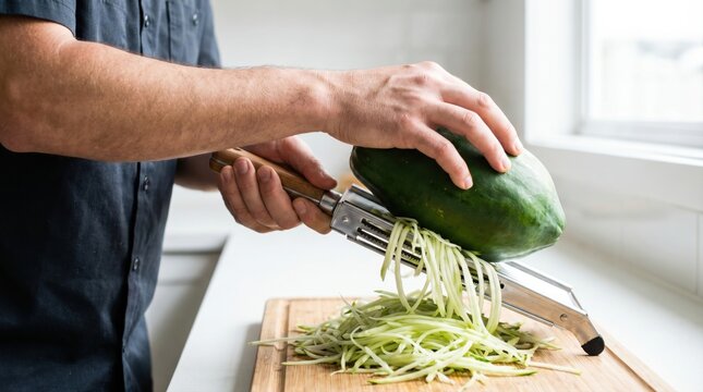 Chef using a mandoline slicer to grate a fresh green papaya on a wooden cutting board in a kitchen
