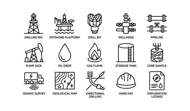 Oil and gas industry icons showing rigs, pipelines and equipment