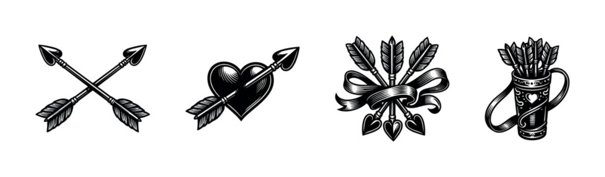 Collection of romantic arrow and heart vector designs in black and white silhouette