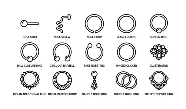 Nose and septum jewelry icons arranged in grid on white