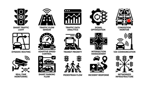 Smart traffic management icons showing mobility systems grid