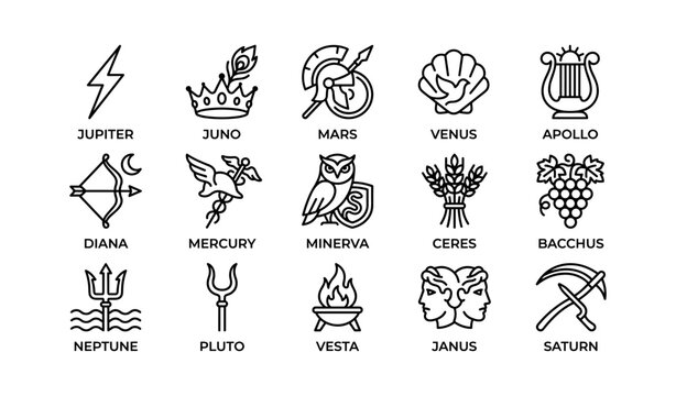 Roman deity icons with classical symbols on white background