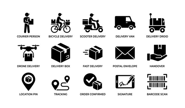 Delivery icons showing couriers and parcel actions on white background