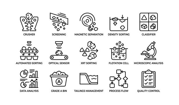 Mining processing icons depicting sorting and analysis grid