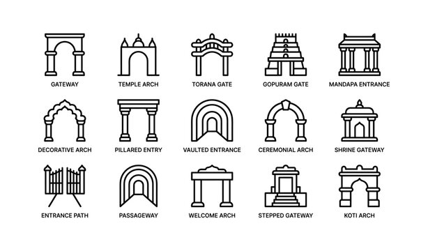 Architectural gateway and arch icons in grid layout