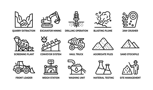 Mining equipment and operations icons in grid layout