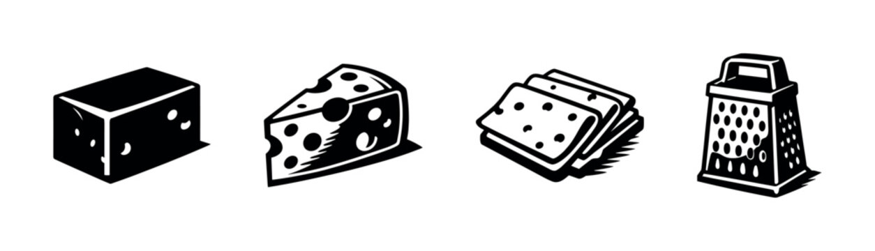 Black and white vector illustration of cheese varieties and grater silhouette elements