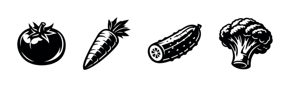 Black and white vector illustration of carrot tomato broccoli and cucumber botanical elements