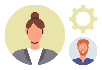 Fototapeta premium Team collaboration, networking, communication, professional relationships, leadership, problem-solving. Female and male profiles with gear icon. Team collaboration and networking concept