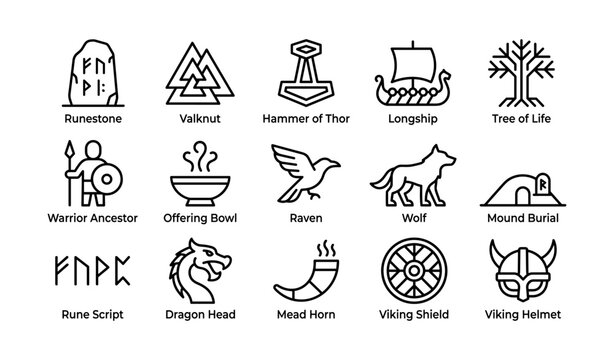 Viking and norse symbol icons depicting ancient cultural motifs