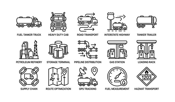 Fuel transport and storage icons arranged on white grid