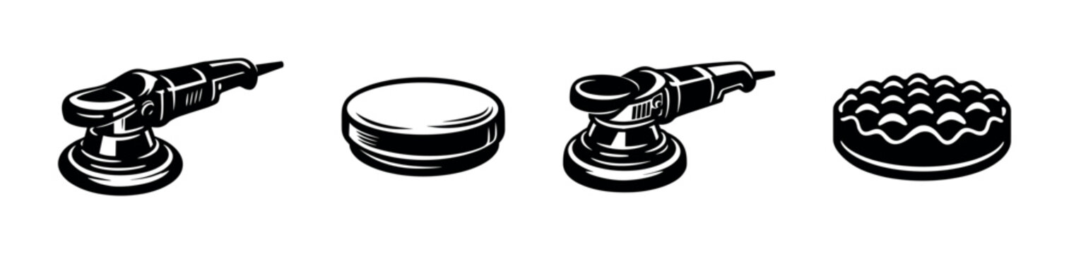 Vector illustration of car polishing tools, polisher, pad, black and white clipart elements