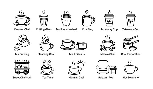 Tea and chai icons set showing serving types and preparation