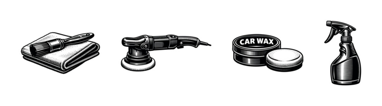 Black and white vector illustration of car care tools including polisher spray bottle brush and wax