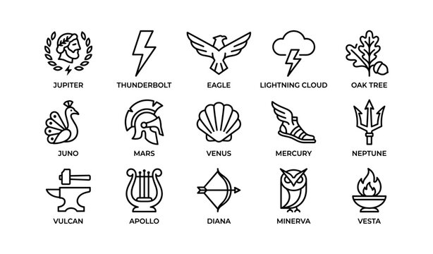 Classical deity and myth icons grid on white background