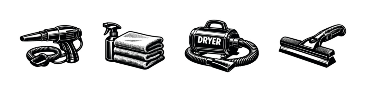 Black and white vector illustration of car cleaning tools, including dryer, vacuum, cloth, spray bottle