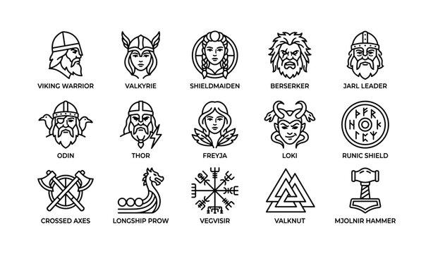 Viking and norse mythology icons grid on white background