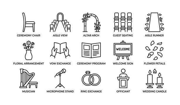 Wedding ceremony and decor icons arranged in labeled grid