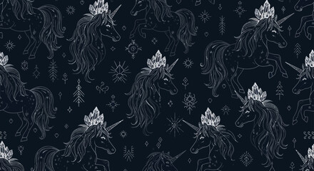 Fototapeta premium seamless magical unicorn pattern with crystal crowns and mystical symbols on dark background great for fantasy textile design.