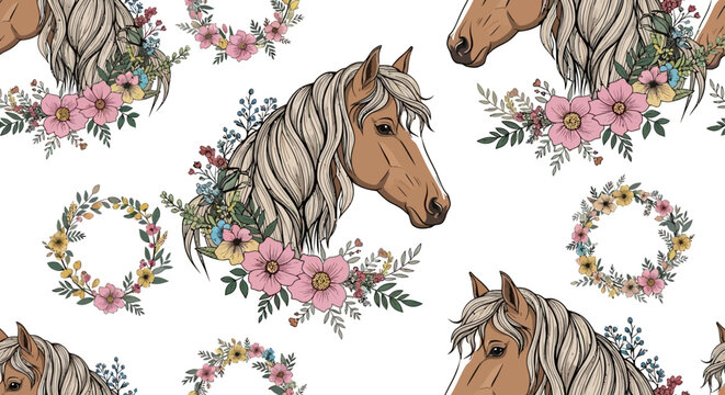 elegant horse head with floral wreath equestrian seamless pattern illustration
