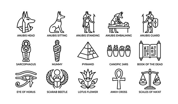 Egyptian anubis and burial icons arranged on white background