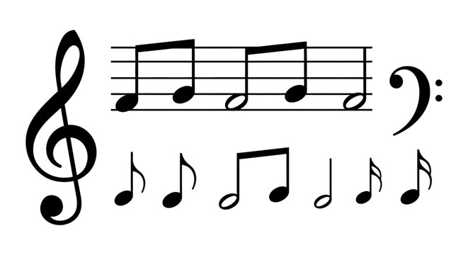 musical notes and symbols on white background treble clef and bass clef