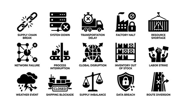 Supply chain disruption icons showing risks and interruptions