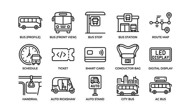 Bus icons displaying vehicles, stops and transit elements