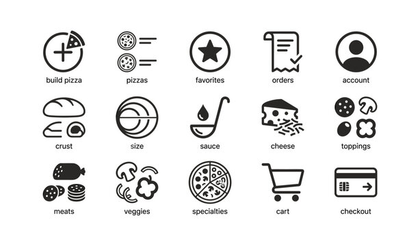 Pizza app interface icons arranged in labeled grid on white background