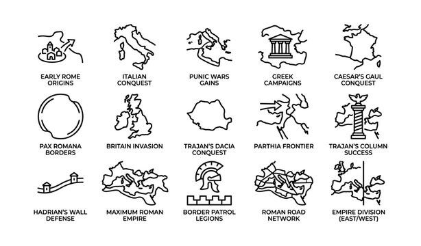 Roman military expansion icons with campaign map outlines