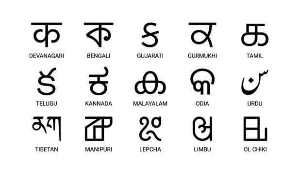 Various indic and asian script characters labeled on white background