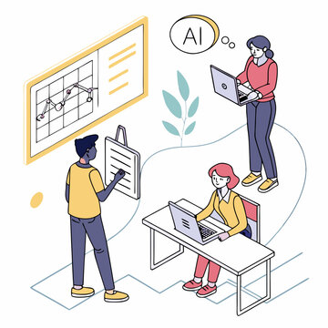 AI technology in education set. Student and teacher characters using artificial intelligence generative tools for learning, teaching, school lesson planning, exam preparation. Vector illustration.