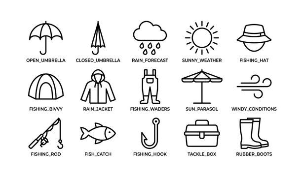 Fishing and weather gear icons in labeled grid on white background