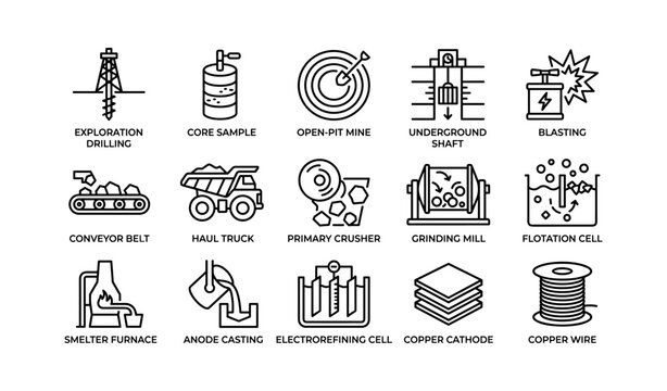 Mining equipment and processing icons arranged on white grid