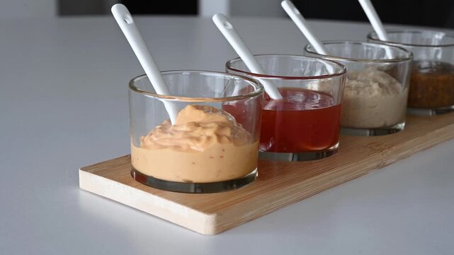 Video of four sauce varieties in glass bowls with white spoons on bamboo serving board, smooth rotating view of colorful condiment set for food styling and culinary concept