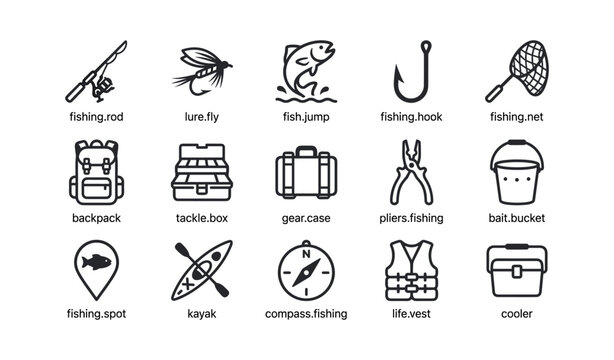 Fishing and angling gear icons arranged on white background
