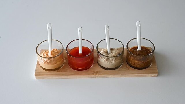 Video of hand picking up ceramic spoon from glass sauce bowl on bamboo board, interactive condiment tasting moment for food blog and restaurant menu concept