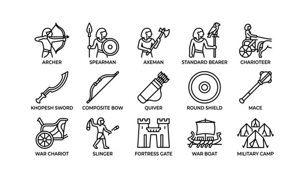 Ancient warrior and weapon icons arranged on white background