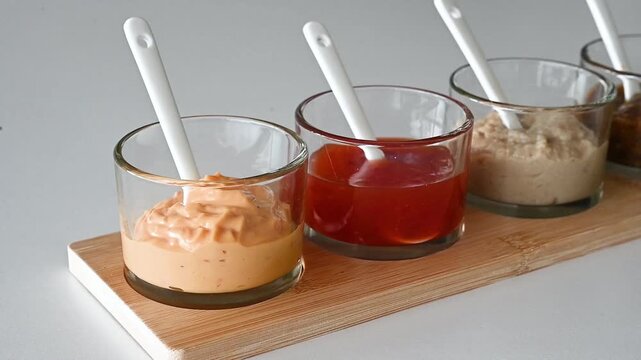 Video of four sauce bowls on bamboo board with natural light and shadow movement across white table, atmospheric condiment still life for food photography and kitchen concept