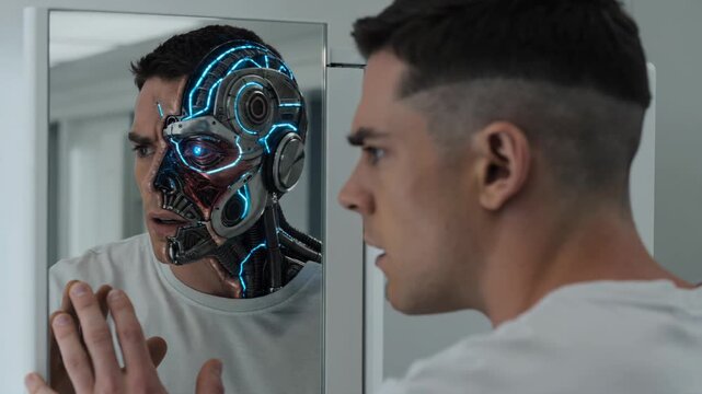 Shocked man discovering robotic cybernetic parts under his skin while looking in mirror. Science fiction concept of human augmentation. Close-up shot with slight panning movement.