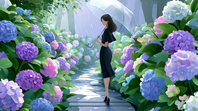 紫陽花の小道を歩く女性と透明傘 幻想的な梅雨風景イラスト 広告背景素材