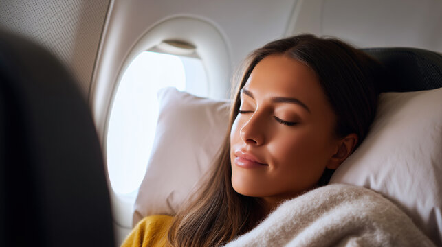 Passenger resting with closed eyes against airplane window during international flight. Ideal for travel marketing, airline comfort services or jet lag prevention concept