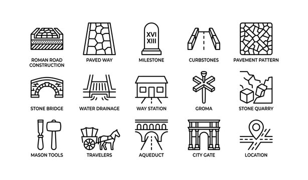 Roman road construction and infrastructure icons on white background