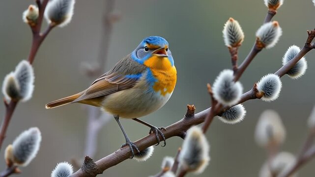 Male Bluethroat Bird Singing on Willow Branch in Spring