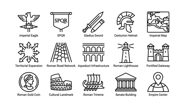 Roman empire symbols and infrastructure icons on white background