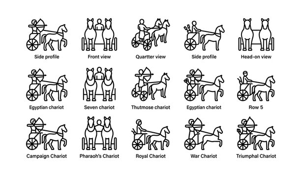Ancient chariot icons showing views and types on white background